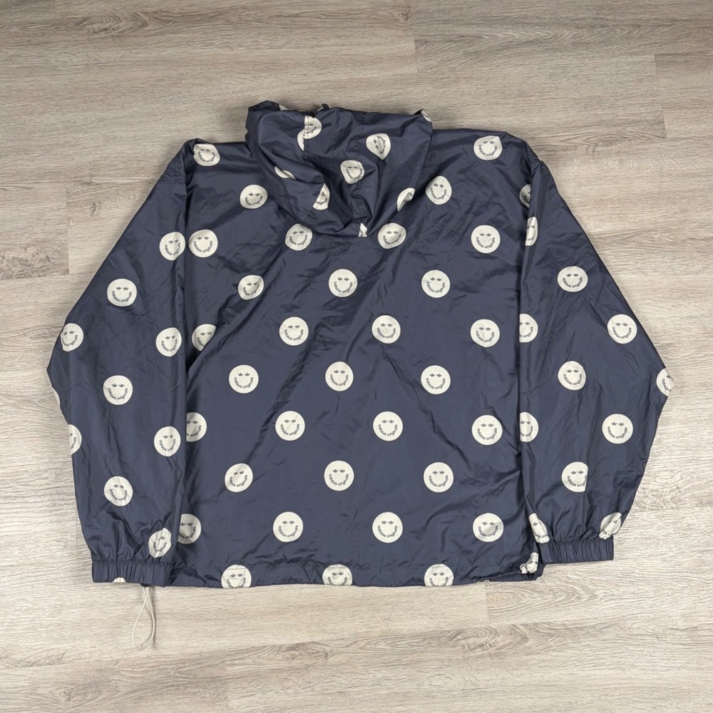 Adidas Windbreaker Mens 2XL Navy Blue Smiley Face Trefoil Full Zip Hooded Jacket - Picture 2 of 7